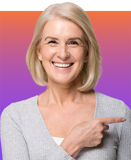 Advanced Depot für Clean-Share-Fonds Lächelnde Frau auf farbenfrohem Hintergrund zeigt auf Clean-Share-Fonds